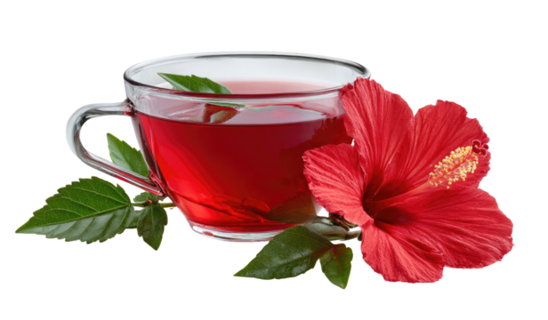 A translucent glass cup of red herbal tea beside a vibrant, crimson hibiscus flower