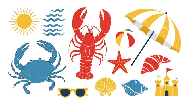A vintage-style vector illustration of seafood and summer vacation themes, white background