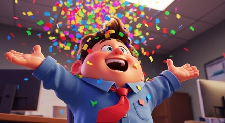 Joyful Animated Businessman Celebrating with Colorful Confetti in the Office.