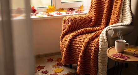 Cozy Autumn Afternoon Warm Blanket And Hot Drink By Window
