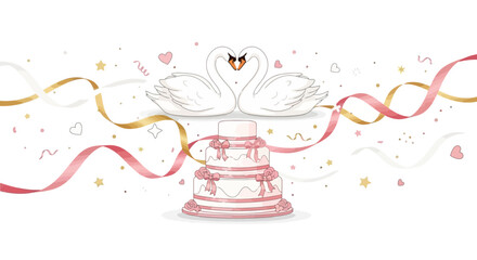 Elegant vector illustration of love and celebration, featuring cakes, swans, and ribbons, white background