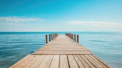 Fototapeta premium Tranquil Wooden Pier Stretching into Calm Blue Waters Under Clear Sky for Peaceful Seaside Retreat or Relaxing Getaway Experience