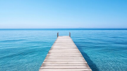 Obraz premium Serene Wooden Pier Extending into Clear Blue Ocean Water Under a Bright Sky on a Tranquil Day in a Coastal Paradise Setting