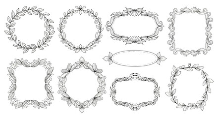 A vector illustration set of eight hand-drawn style decorative frames, white background
