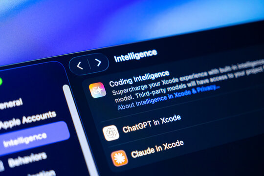 Poznan, Poland - September 18, 2025: Xcode dev app showing Intelligence settings, featuring integrated AI models for coding, ChatGPT and Claude