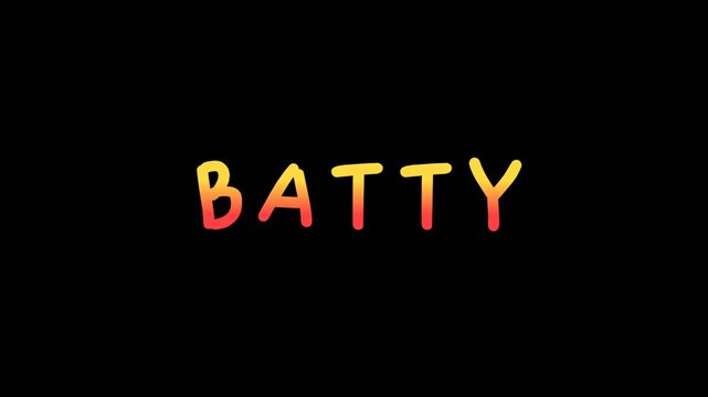 Animated word &ldquo;BATTY&rdquo; in yellow and red gradient text over a dark background, perfect for Halloween, spooky titles, or horror designs.