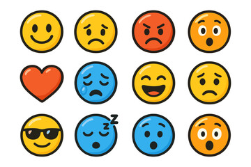 Obraz premium Colorful cartoon face expressions set featuring emotions like happiness, sadness, love, and surprise