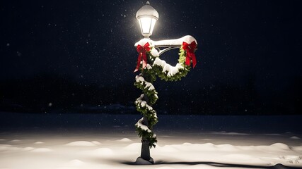 Festive Illuminated Street Lamp Post Decorated with Red Ribbons and Green Wreaths in a Snowy Night Scene, Creating a Cozy Holiday Atmosphere for Christmas Seasonal Celebrations and Winter Event