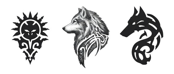 Obraz premium Intricate Wolf and Tribal Symbols in Black and White Art Illustrations