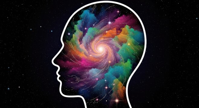 Profile silhouette of a human head filled with a vibrant, swirling cosmic nebula against a black background. - Powered by Adobe