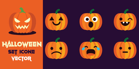Spooky and fun halloween pumpkin icons set featuring various expressive faces for festive decorations and designs