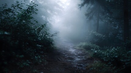 Obraz premium A misty forest path winds through dense trees illuminated by faint ethereal sunlight creating a mysterious and tranquil atmosphere