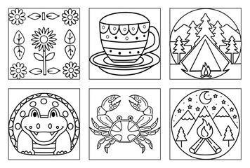 Floral Square Design with Sunflower Leaves and Corner Flowers Botanical Decoration Coloring Page