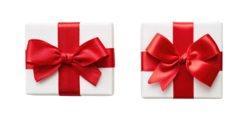 Two white square wrapped boxes with bright red ribbon bows, presents, and a black background
