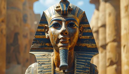 A close-up view of a golden pharaoh bust, wearing a headpiece.  Ancient columns blurred in the background under a blue sky