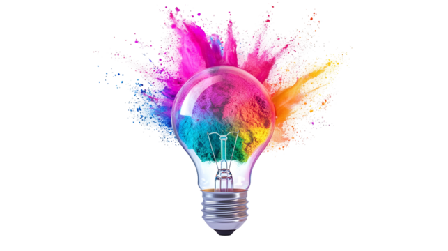 Creative energy concept with colorful explosion inside transparent light bulb
