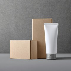 A minimalist studio shot featuring skincare products and packaging, arranged with an understated elegance.