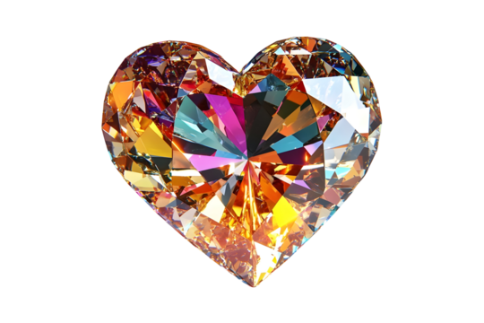 Hyper-realistic brilliant heart shaped diamond with multicolor facets