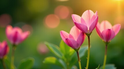 Obraz premium Delightful Pink Blossoms Illuminated by Golden Hour Sunlight in a Lush Green Meadow