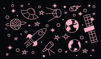 Cosmic Space Pattern with ufo, satellite, planet, and comet in the dark background