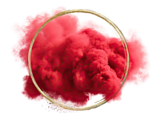 Abstract image features a vibrant pink cloud inside a golden circular frame on a black background