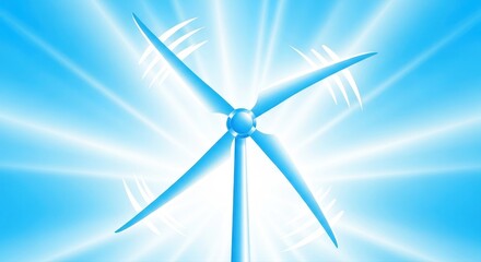 Stylized wind turbine with four spinning blades generating clean, renewable energy against a radiant blue sky.