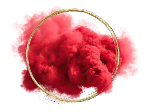 Abstract image features a vibrant pink cloud inside a golden circular frame on a black background