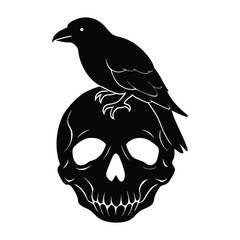 A raven perched on a human skull with cracks and shadows silhouette illustration