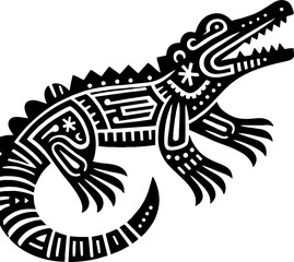 Vector Black Silhouette of Alligator in Bold Mexican Tribal Art Style