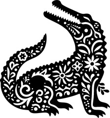 Vector Black Silhouette of Alligator in Bold Mexican Tribal Art Style