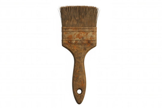 Old used paintbrush showing wear and tear, representing renovation, art, and home improvement, transparent background