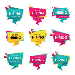 A vector illustration vector art of collage of colorful banners with the text we are hiring and a megaphone, indicating job opportunities