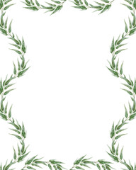 Watercolor vertical frame with ornamental leaves. Floral design on white background.