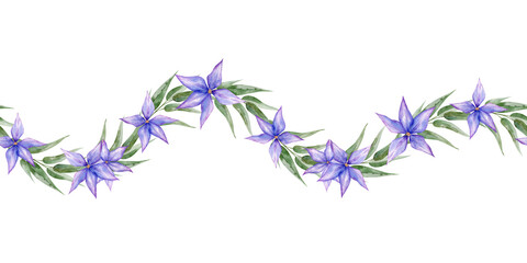 Watercolor purple flowers with branch leaves seamless border. The illustration botanical style hand drawn for invitations, cards, packaging.