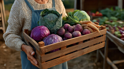 Cropped view of female farmer holding wooden crate filled with freshly harvested vegetables including cabbage, beets, and carrots; organic farming and healthy eating concept