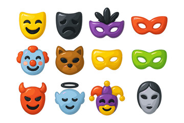 Colorful set of theatrical and carnival masks with expressive designs