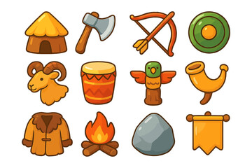 Colorful cartoon icons of prehistoric tools and symbols for games