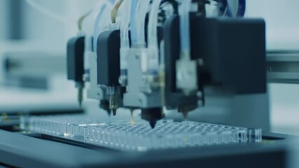 Automated Laboratory Pipetting System Performing Precision Liquid Dispensing into Microplate Wells Under Clinical Lighting and Blue Toned Background