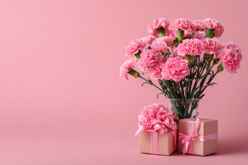 Fototapeta premium appy Mother's Day. Beautiful bouquet of pink carnations with gift boxes on a colored background 