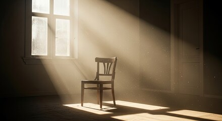 Sunlight streams through a window illuminating an empty wooden chair