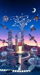 Futuristic Spaceport Cityscape with Rockets and Satellites.