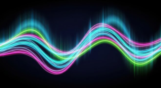 Vibrant multicolored light trails forming a glowing sine wave on a black background.