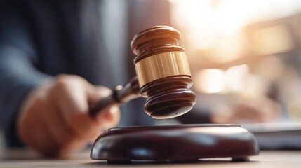 Close-up of a judge's hand holding a wooden gavel hitting a sound block du a courtroom session with blurred background