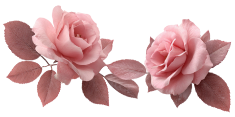Two beautiful soft pink blooming flowers with leaves, digitally rendered, on a transparent black background