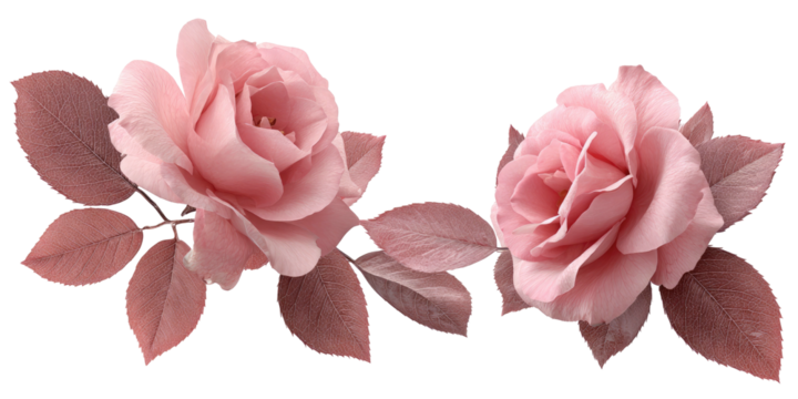 Two beautiful soft pink blooming flowers with leaves, digitally rendered, on a transparent black background - Powered by Adobe