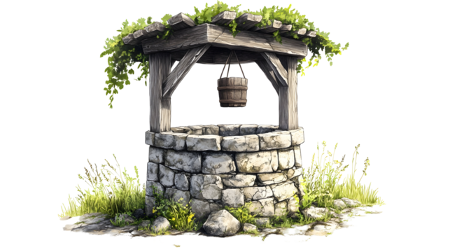 Rustic stone well with wooden roof and hanging bucket in lush garden setting