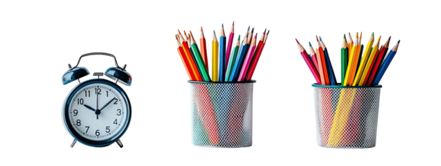 Alarm clock and pencil cup sets against black