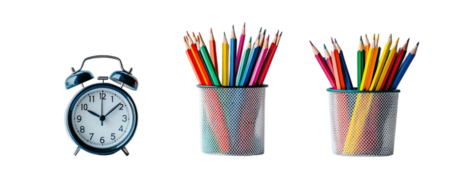 Alarm clock and pencil cup sets against black