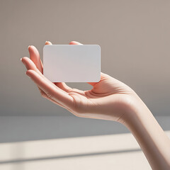 “Female Hand Holding Blank Business Card Mockup on Neutral Background — Realistic 3D Digital Illustration for Branding and Identity Design”