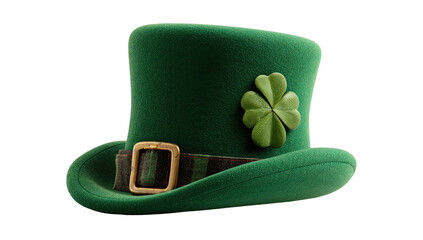 Emerald green top hat with a shamrock and buckle detail, floating against a black background